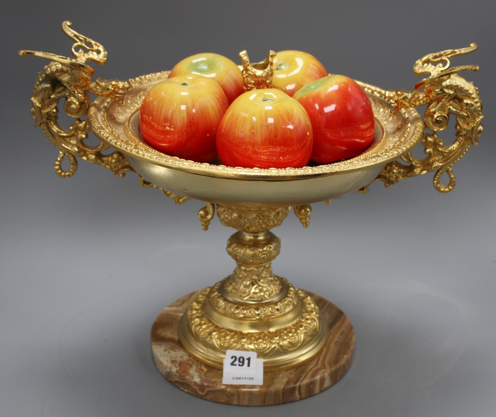 An Italian ornate gilt metal centrepiece, with five ceramic apple ornaments, width 46cm height 34cm